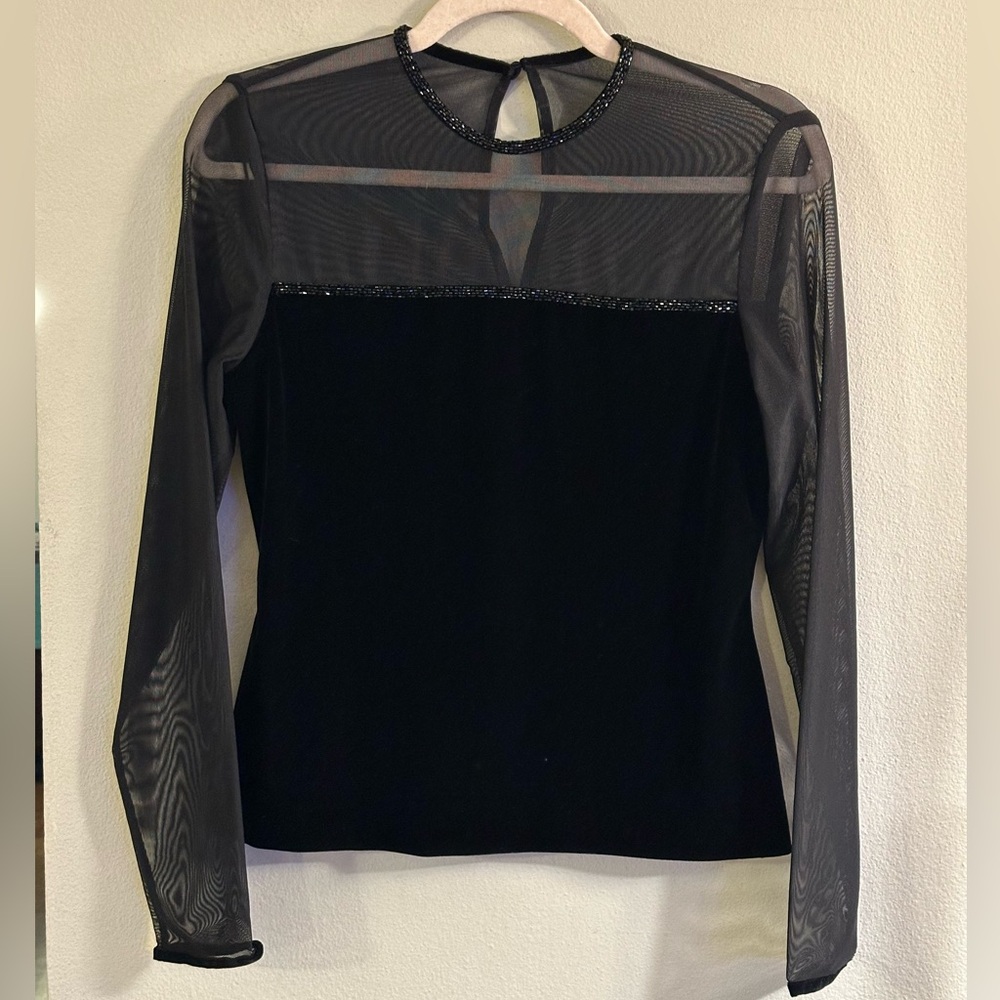 Jessica Howard Evening Fall Beautiful Black Velvet Mesh Shirt w/ Rhinestones 6